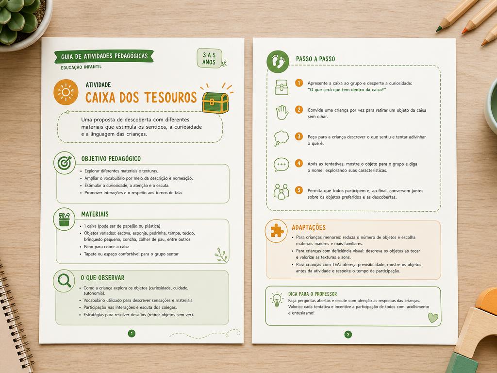 Prévia de páginas do material com objetivo pedagógico, materiais, passo a passo e adaptações